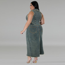 Plus Size Denim Sleeveless Vest Split Skirt 2 Piece Set GDAM-218380