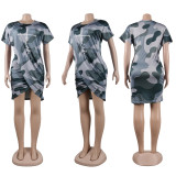 Fashion Print Short Sleeve Irregular Dress FSXF-530