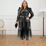 Plus Size PU Leather Patchwork Mesh Long Dress GDAM-889