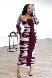 Long Sleeve Print U Neck Long Dress QODY-6017