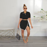 Casual Lapel Tops And Split Skirts 2 Piece Set FSXF-387