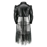 Plus Size PU Leather Patchwork Mesh Long Dress GDAM-889