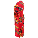 Plus Size Long Sleeve Print Belt Maxi Dress GDAM-218315