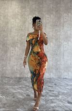 Multicolor Print One Shoulder Slim Midi Dress QODY-6024