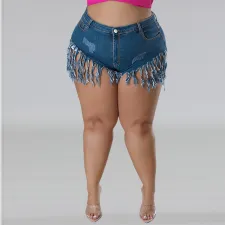Plus Size Denim Tassel Shorts GDAM-8012
