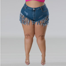 Plus Size Denim Tassel Shorts GDAM-8012