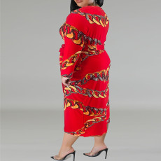 Plus Size Long Sleeve Print Belt Maxi Dress GDAM-218315