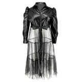 Plus Size PU Leather Patchwork Mesh Long Dress GDAM-889