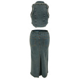 Plus Size Denim Sleeveless Vest Split Skirt 2 Piece Set GDAM-218380