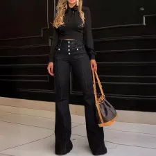 Buttoned High-waisted Flared Jeans XCFF-2059