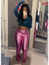 Metallic Glossy Small Flared Leather Pants  QODY-6014