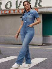 Fashion Single-breasted Short Sleeve Denim Jumpsuit LX-1380