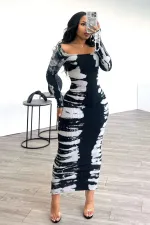 Long Sleeve Print U Neck Long Dress QODY-6017