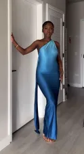 Sleeveless Slant Shoulder Gradient Color Sexy Dress QODY-6028