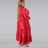 Plus Size PU Round Neck Long Sleeve Cake Dress GDAM-218355