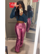 Metallic Glossy Small Flared Leather Pants  QODY-6014