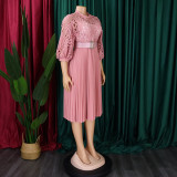Lace Crochet Hollow Out Pleated Patchwork Dress GCZF-D254-C1