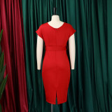 V Neck Solid Color Belt Midi Dress GCZF-8492P