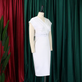 V Neck Solid Color Belt Midi Dress GCZF-8492P