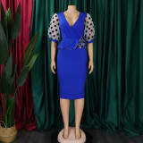 Patchwork Polka Dot Printed Bubble Sleeve Midi Dress GCZF-Q069-C1