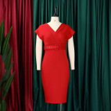 V Neck Solid Color Belt Midi Dress GCZF-8492P