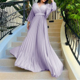 V Neck Press Pleated Big Swing Gown Long Dress GCZF-C8478