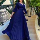 V Neck Press Pleated Big Swing Gown Long Dress GCZF-C8478