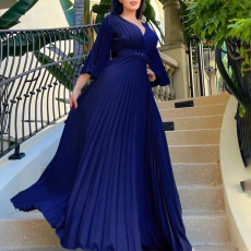 V Neck Press Pleated Big Swing Gown Long Dress GCZF-C8478