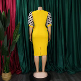 Patchwork Polka Dot Printed Bubble Sleeve Midi Dress GCZF-Q069-C1