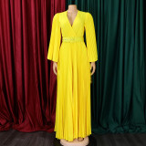 V Neck Press Pleated Big Swing Gown Long Dress GCZF-C8478
