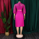 Lace Crochet Hollow Out Pleated Patchwork Dress GCZF-D254-C1