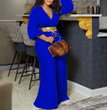 Plus Size V Neck Tie Up Pleated Solid Jumpsuit GCZF-C8468