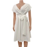 V-neck Pleated Tie Up Sexy Midi Dress GCZF-8483