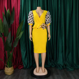 Patchwork Polka Dot Printed Bubble Sleeve Midi Dress GCZF-Q069-C1
