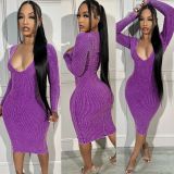 Long Sleeve V Neck Midi Dress GDIM-8040