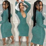 Long Sleeve V Neck Midi Dress GDIM-8040