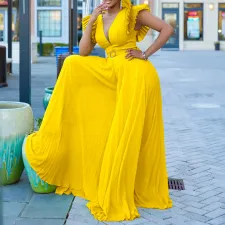 Deep V Pressure Pleat Wide Leg Jumpsuit(With Belt) GCZF-8520P