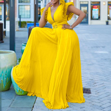 Deep V Pressure Pleat Wide Leg Jumpsuit(With Belt) GCZF-8520P