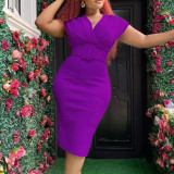 V Neck Solid Color Belt Midi Dress GCZF-8492P