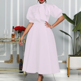 Tie Up Bow Solid Color Mid-Length Dress GCZF-8481