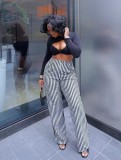 Black Stripe High Waist Wide Leg Pants QODY-6022