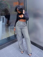 Black Stripe High Waist Wide Leg Pants QODY-6022