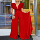Deep V Pressure Pleat Wide Leg Jumpsuit(With Belt) GCZF-8520P