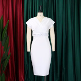 V Neck Solid Color Belt Midi Dress GCZF-8492P