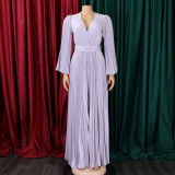 V Neck Press Pleated Big Swing Gown Long Dress GCZF-C8478