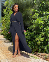 Long Sleeve V Neck Irregular Maxi Dress(Without Belt) QODY-6002