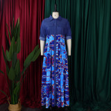Denim Patchwork Print Big Swing Maxi Dress GCZF-8551