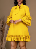 Solid Color Stacked Sleeve Lace-Up Ruffle Dress GCZF-8570