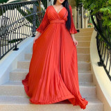 V Neck Press Pleated Big Swing Gown Long Dress GCZF-C8478
