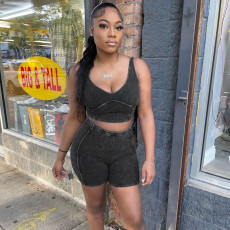 Ribber Sleeveless Tank Tops Two Piece Shorts Set GDIM-8024